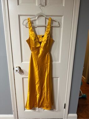 Lulu's Golden Satin V-Neck Midi Dress